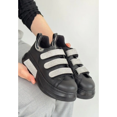 Elika Siyah Cilt Simli Cırt Cırtlı Spor Ayakkabı