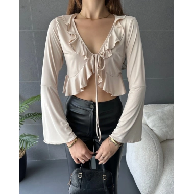 Fırfır Detaylı Önü Bağlamalı Crop Bluz