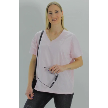 Geniş V yaka Tişört Açıkpembe - 1090.35
