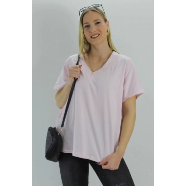 Geniş V yaka Tişört Açıkpembe - 1090.35