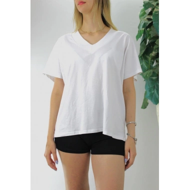 Geniş V yaka Tişört Beyaz - 1090.35