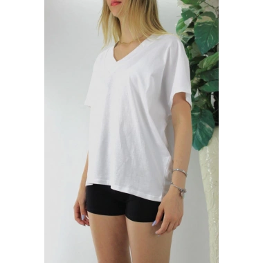 Geniş V yaka Tişört Beyaz - 1090.35