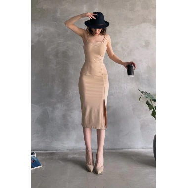 İp Askılı Yırtmaç Detaylı Midi Boy Dalgıç Elbise