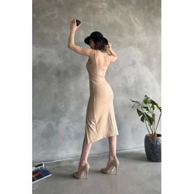 İp Askılı Yırtmaç Detaylı Midi Boy Dalgıç Elbise