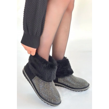 Linka Siyah Süet Gümüş Boncuk İşlemeli Bot