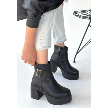 Lonji Siyah Cilt Topuklu Bot
