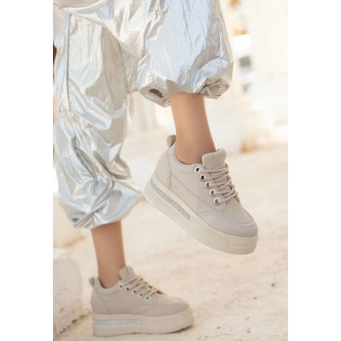 Lulu Bej Cilt Bağcıklı Spor Ayakkabı