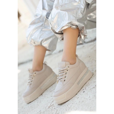 Lulu Bej Cilt Bağcıklı Spor Ayakkabı