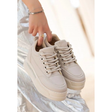 Lulu Bej Cilt Bağcıklı Spor Ayakkabı