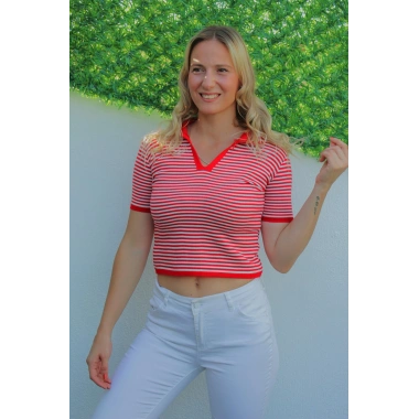 Polo Yaka Çizgili Tişört Kırmızı - 140.055