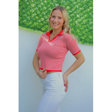 Polo Yaka Çizgili Tişört Kırmızı - 140.055