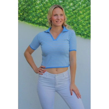 Polo Yaka Çizgili Tişört Mavi - 140.055