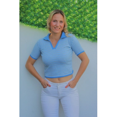 Polo Yaka Çizgili Tişört Mavi - 140.055