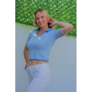 Polo Yaka Çizgili Tişört Mavi - 140.055