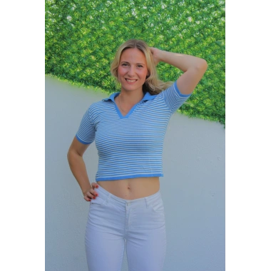 Polo Yaka Çizgili Tişört Mavi - 140.055