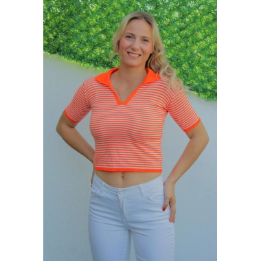 Polo Yaka Çizgili Tişört Turuncu - 140.055