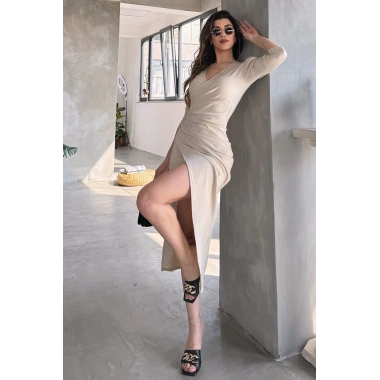 V Yaka Anvelop Etek Midi Boy Dalgıç Elbise