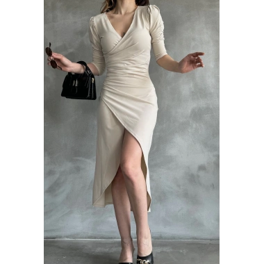 V Yaka Anvelop Etek Midi Boy Dalgıç Elbise