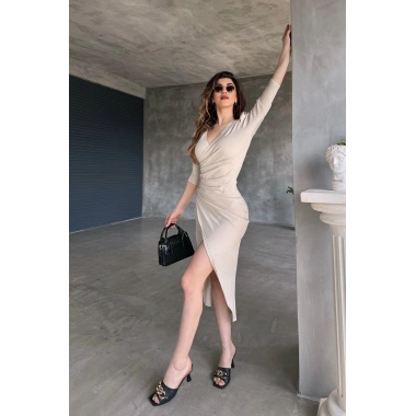 V Yaka Anvelop Etek Midi Boy Dalgıç Elbise