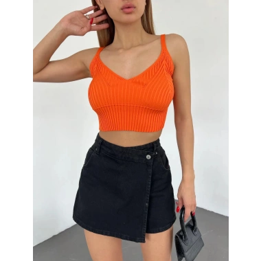 V Yaka Askılı Crop Triko Büstiyer Turuncu - DF2202