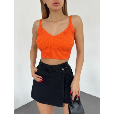 V Yaka Askılı Crop Triko Büstiyer Turuncu - DF2202