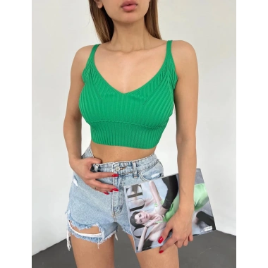 V Yaka Askılı Crop Triko Büstiyer Yeşil - DF2202