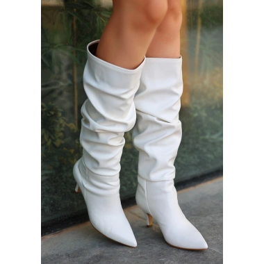 Zelya Beyaz Cilt Topuklu Çizme