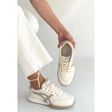 Zlay Bej Cilt Vizon Detaylı Bağcıklı Spor Ayakkabı