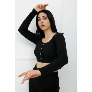 Düğmeli Mini Crop Bady Siyah - P-020494