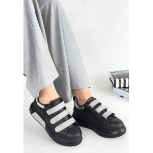 Elika Siyah Cilt Simli Cırt Cırtlı Spor Ayakkabı