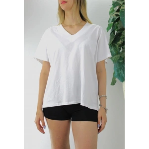 Geniş V yaka Tişört Beyaz - 1090.35