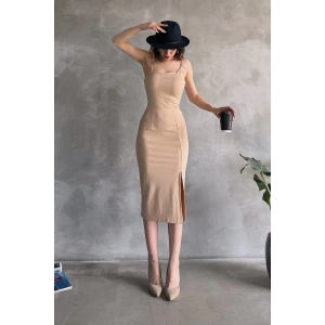 İp Askılı Yırtmaç Detaylı Midi Boy Dalgıç Elbise