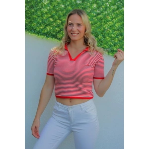 Polo Yaka Çizgili Tişört Kırmızı - 140.055