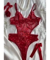 Sevgililer Günü Özel Kırmızı Kalpli Brode Balenli Kapsız Bodysuit