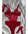 Sevgililer Günü Özel Kırmızı Kalpli Brode Balenli Kapsız Bodysuit