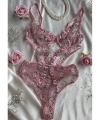 Pembe Çiçekli Brode Balenli Kapsız Bodysuit