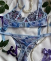 Mavi Premium Sütyen Takımı - Transparan Çiçekli Tül İç Giyim Seti