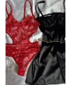 Yılbaşı Hediyesi Limited Edition Kırmızı Transparan Body & Saten Dantel Siyah Gecelik Seti
