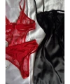Yılbaşı Hediyesi Limited Edition Kırmızı Transparan Body & Saten Dantel Siyah Gecelik Seti