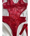 Yılbaşı Hediyesi Sevgililer Günü Özel Kırmızı Kalpli Brode Balenli Kapsız Bodysuit