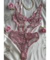 Pembe Çiçekli Brode Balenli Kapsız Bodysuit