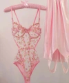 Pembe Dantelli Brode Balenli Kapsız Transparan Bodysuit