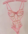 Pembe Dantelli Brode Balenli Kapsız Transparan Bodysuit
