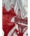 Yılbaşı Hediyesi Çeyiz Seti Kırmızı Transparan Bodysuit ve Balenli Kapsız Tül Sütyen Takımı