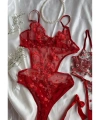 Yılbaşı Hediyesi Çeyiz Seti Kırmızı Transparan Bodysuit ve Balenli Kapsız Tül Sütyen Takımı