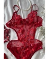 Yılbaşı Hediyesi Çeyiz Seti Kırmızı Transparan Bodysuit ve Balenli Kapsız Tül Sütyen Takımı