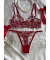 Yılbaşı Hediyesi Çeyiz Seti Kırmızı Transparan Bodysuit ve Balenli Kapsız Tül Sütyen Takımı