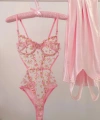 Çeyiz Seti Pembe Transparan Bodysuit ve Balenli Kapsız Tül Sütyen Takımı