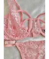 Pembe Dantel Balenli Kapsız Tül Sütyen Takımı