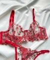 Balenli Sütyen Takımı Kırmızı Kalpli Dantelli Iç Çamaşırı Takımı
